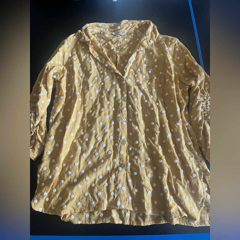 John Mark Large Yellow with white polka dots 3/4 sleeve women’s button blouse